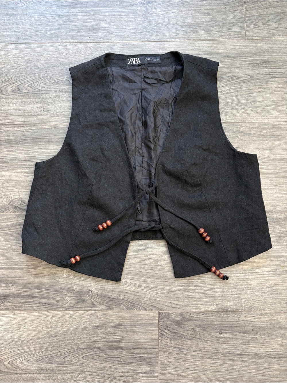 Zara Women’s Black Linen Blend Beaded Tie Vest | Size Large